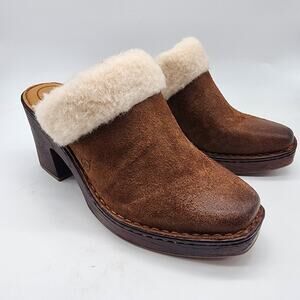 Born Hope Shearling Trim Clogs Brown Leather Square Toe Mule Heels Size 9M